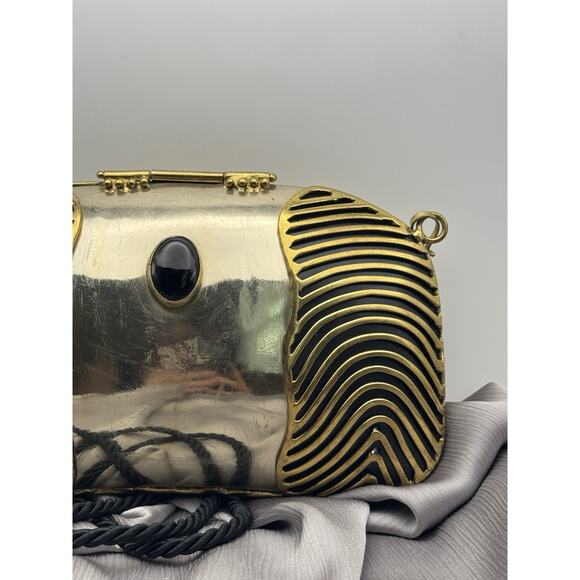 Vintage Oval Bag Golden Black Brass Onyx Stone Small Strap Black Nylon - Picture 3 of 5